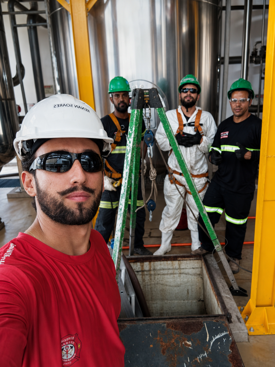 Instrutor e brigadistas em treinamento de espaço confinado com tripé de resgate